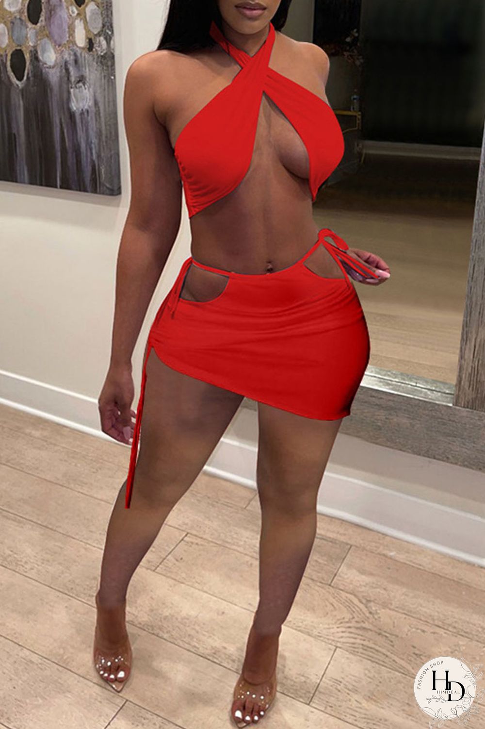 White Sexy Solid Bandage Draw String Backless Halter Sleeveless Two Pieces