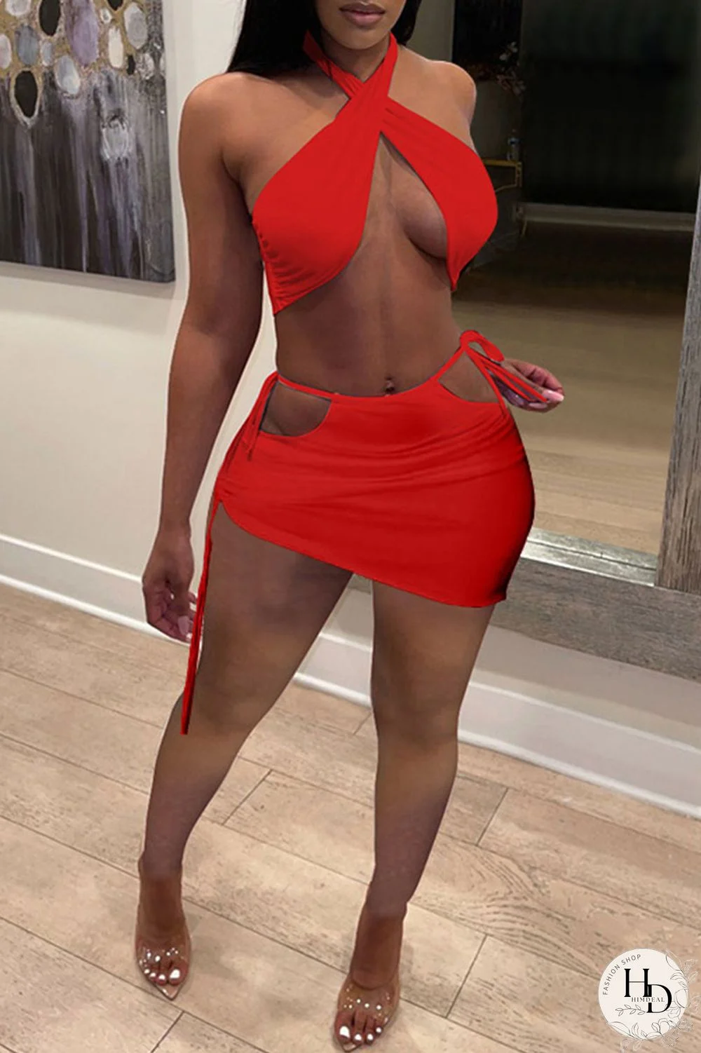 White Sexy Solid Bandage Draw String Backless Halter Sleeveless Two Pieces