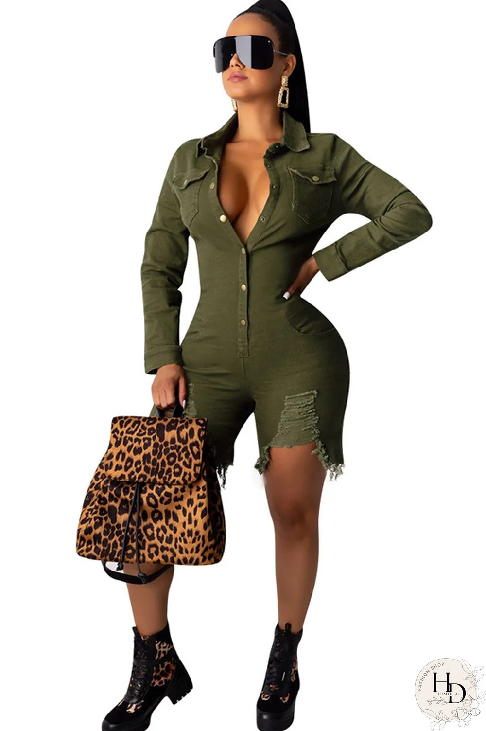 Black Sexy Solid Button washing Cotton Long Sleeve Turndown Collar Rompers
