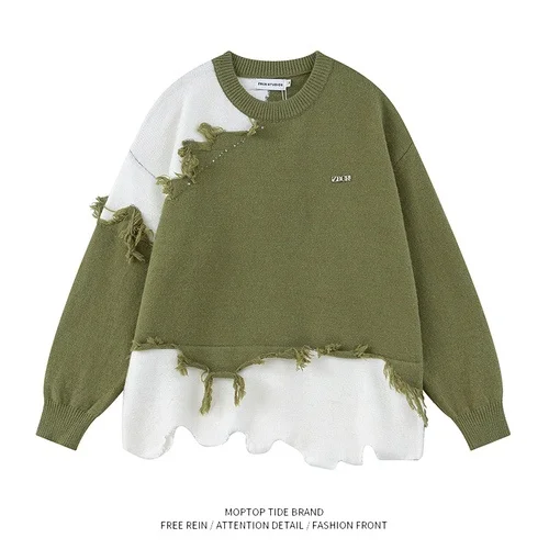 Demandernyc American Contrast Color Stitching Irregular Frayed Sweater for Men and Women Retro Casual Couple Fake Two-piece Knitted Pullover