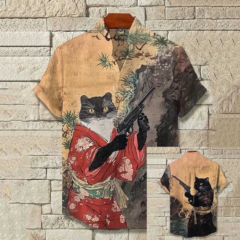 Men's Cat Shootout Art Print Short Sleeve Shirt