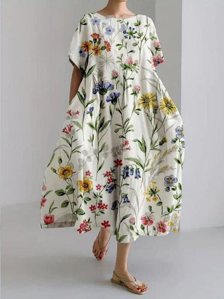Women's Vintage Lovely Floral Art Print Large Size Loose Casual Dress