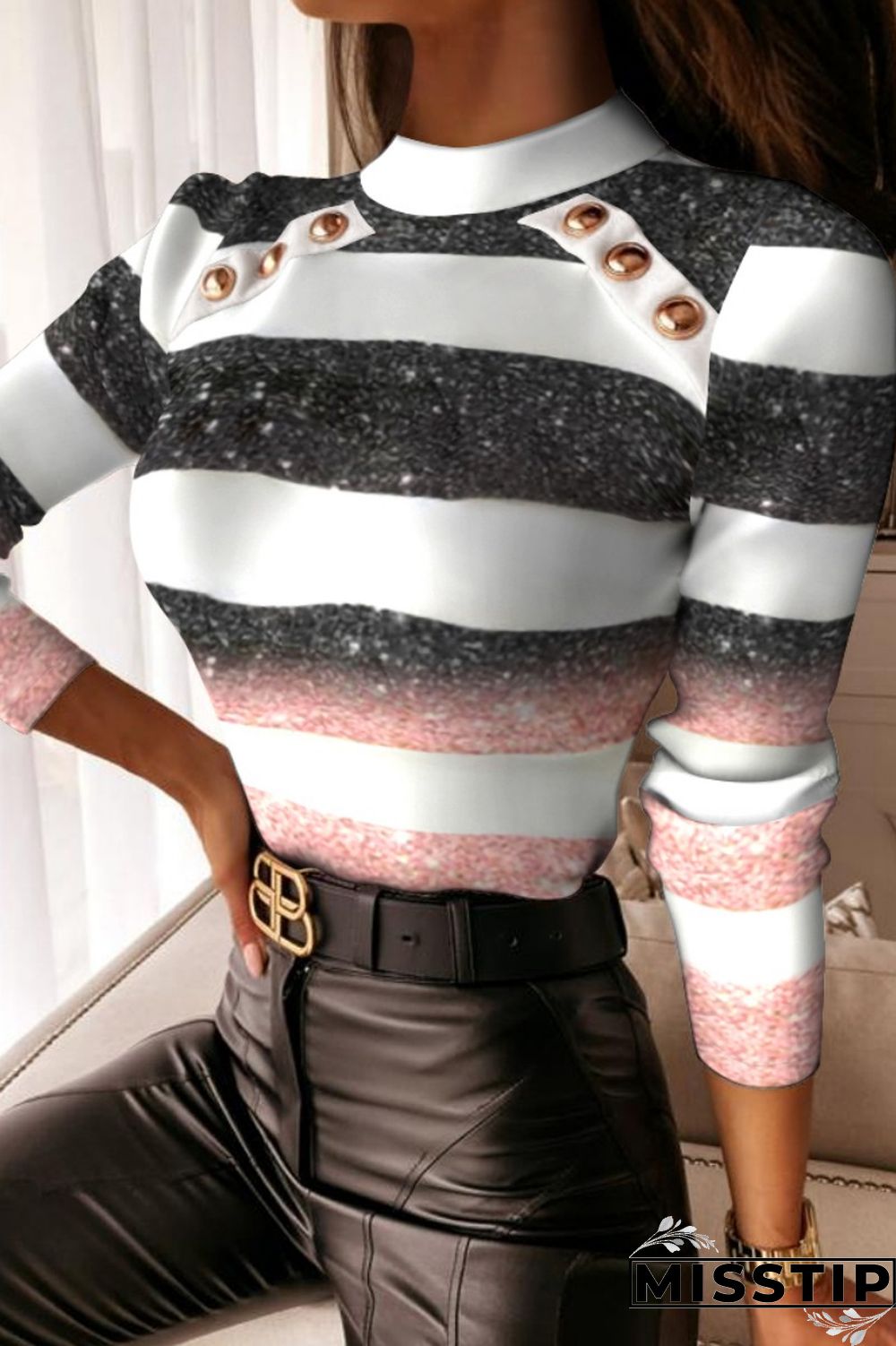 Colour Casual Striped Print Patchwork O Neck Tops