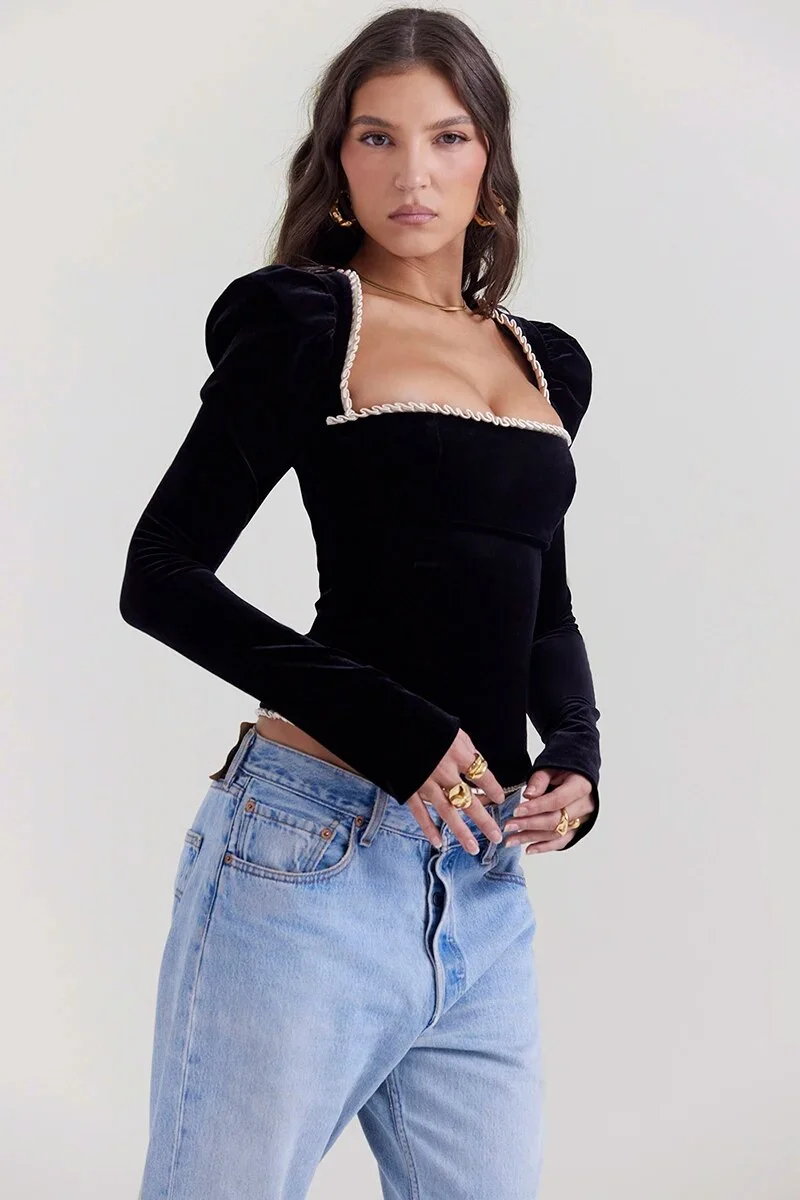 Toloer Black Long Sleeve Square Neck Corset Tie Up Top-Outfit Ideas
