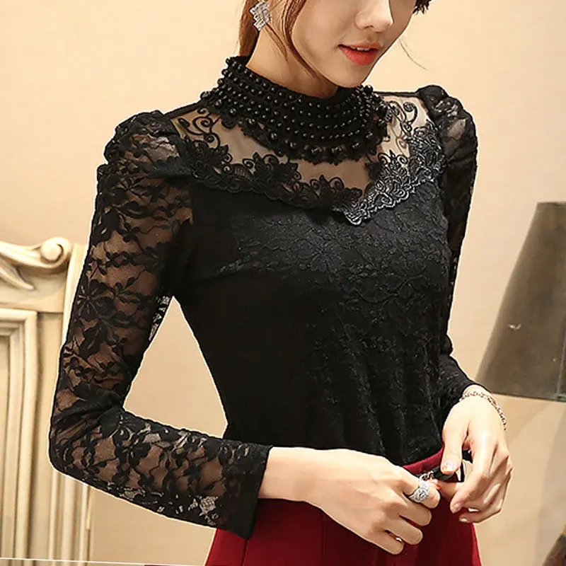 2021 Women Tops Floral Lace Fashion Black Top Casual Girl Blouse Diamond Beaded Lace Shirt Female Tops Women Clothes 3115 25