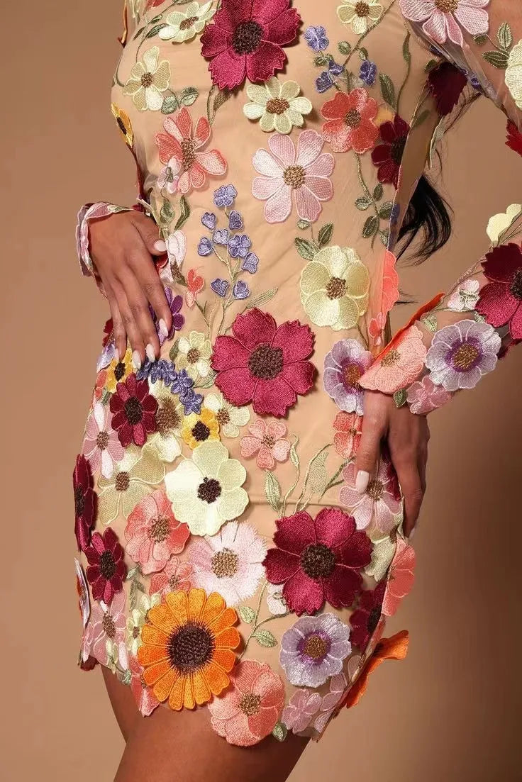 Llyge hoco dresses New For spring/Summer 2024 fashion Half High Collar Long Sleeves Sheath Evening Gowns Elegant 3D Flower Lace Applique Dresses llyge