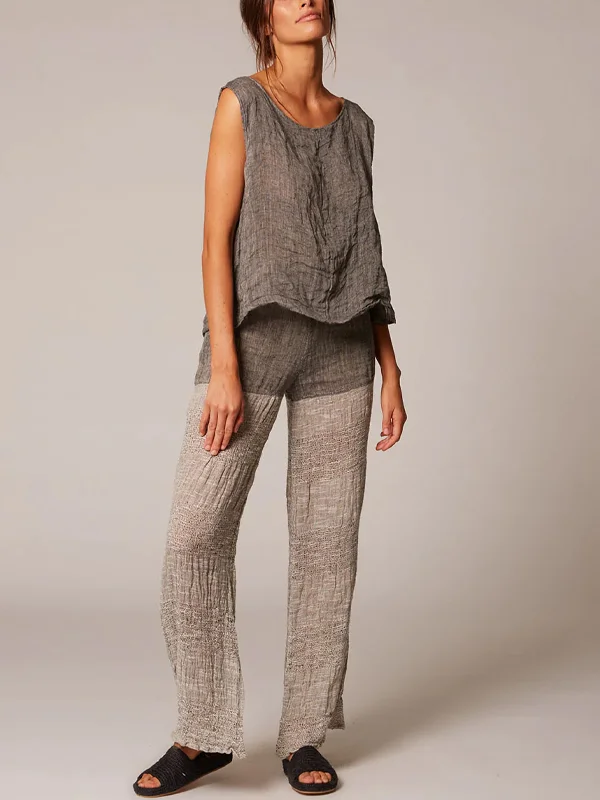 Crew Neck Sleeveless Top Pants Linen Two-Pack