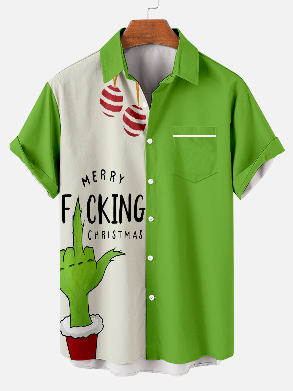 Men's Green Monster Christmas Slogan Contrast Pattern Short Sleeve Shirt PLUSCLOTHESMAN