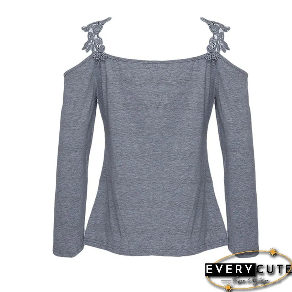 Lace Out Flowers Crochet Long Sleeve Blouse Womens Sexy Cold Shoulder Slim Tops
