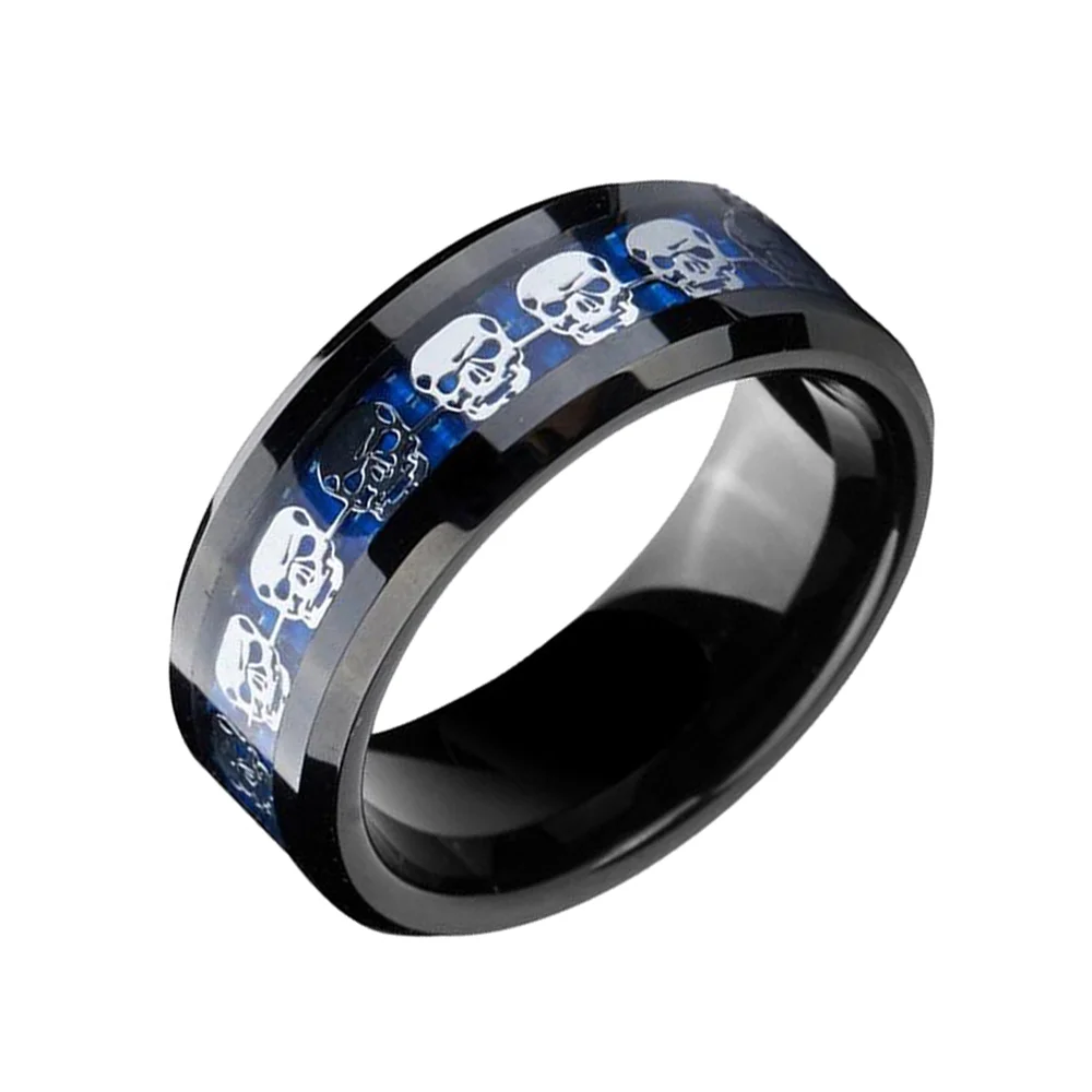6MM 8MM Black Tungsten Carbide Mens Wedding Rings Silver Skull Skeleton And Blue Carbon Fiber Inlay