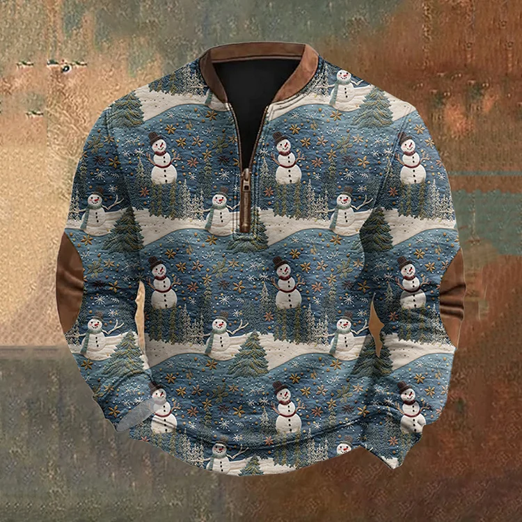 Men's Christmas Snowman Print Zip-Up Sweatshirt