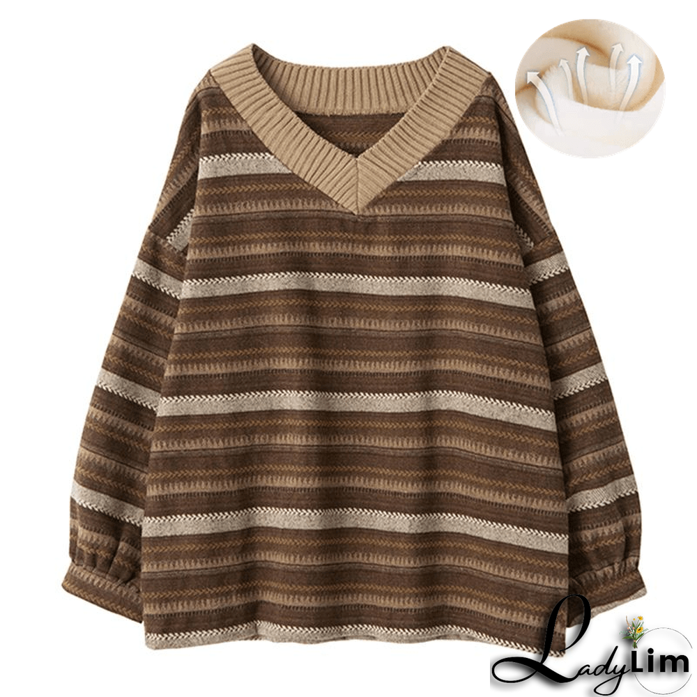 Colorblock Stripe V-neck Knit Loose Sweater