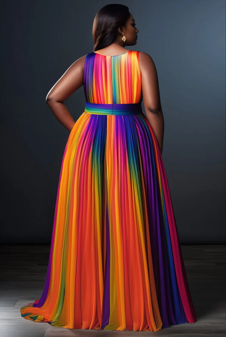 Xpluswear Design Plus Size Formal Rainbow Sundress Gradient V Neck Split Maxi Dresses [Pre-Order]