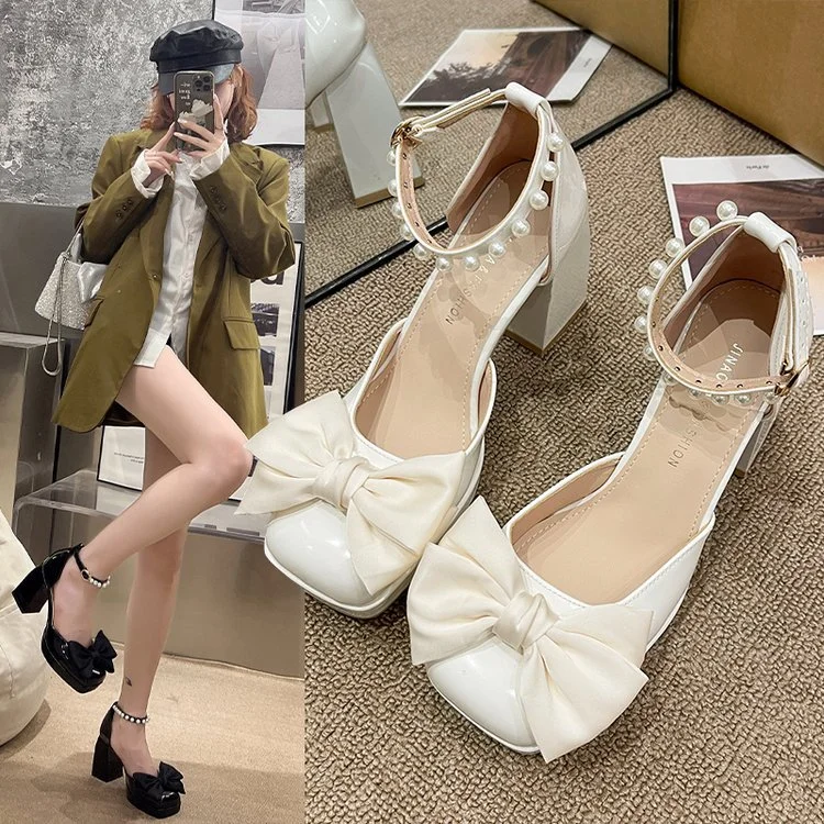 Wongn Wongn 2023 New Korean Version Of Bow Painted Leather Baotou Hollow High Heel Sandals Pink Thick Heel Women's Shoes
