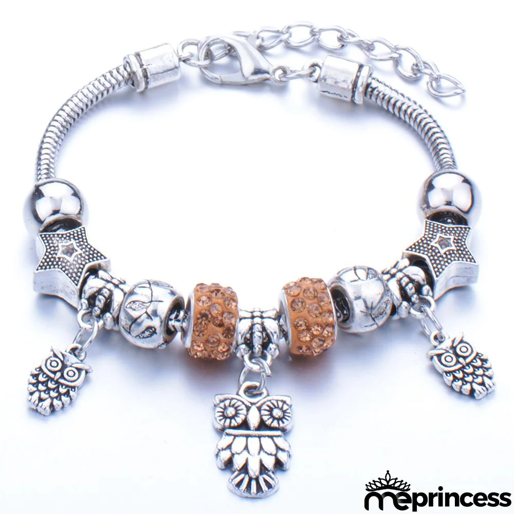 Women Fashion Rhinestone Butterfly Crown Pendant Beaded Bracelet