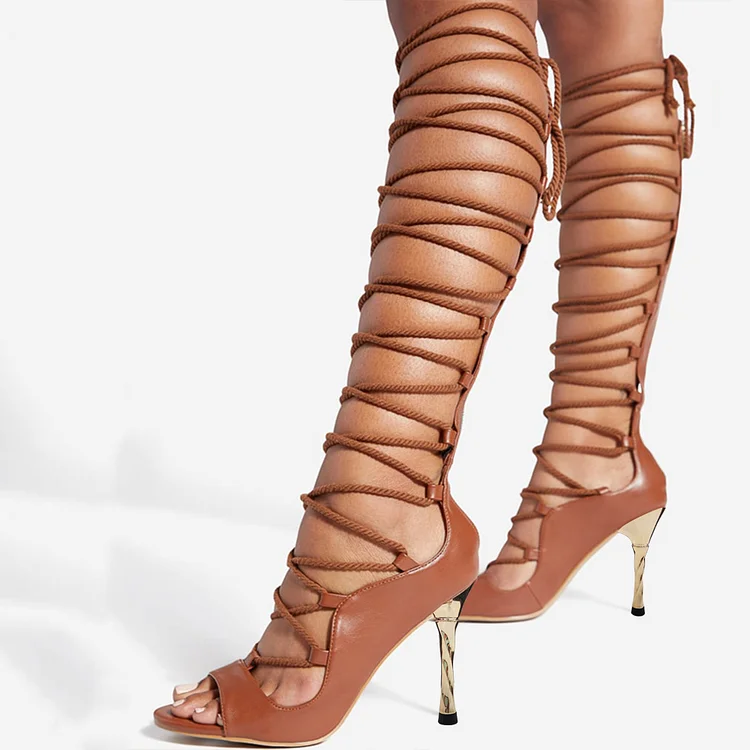 Brown Leather Opened Toe Cross Lace Up Knee High Gladiator Sandals With Stiletto Heels |FSJ Shoes