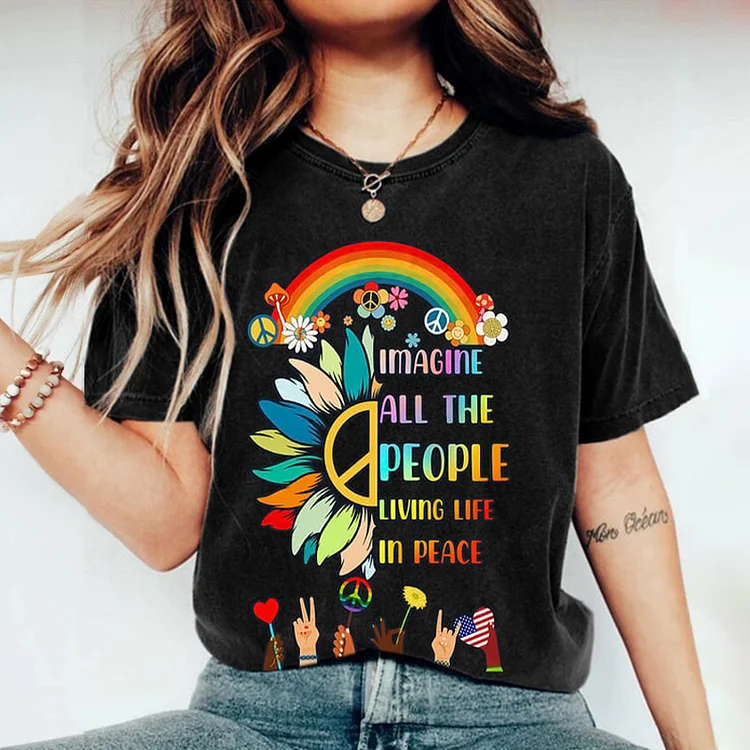 VChics Retro Hippie Imagine All The People Living Life In Peace Print T-Shirt
