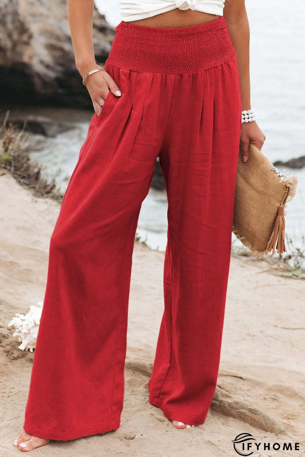 Red Smocked Wide Waistband High Waist Wide Leg Pants | IFYHOME