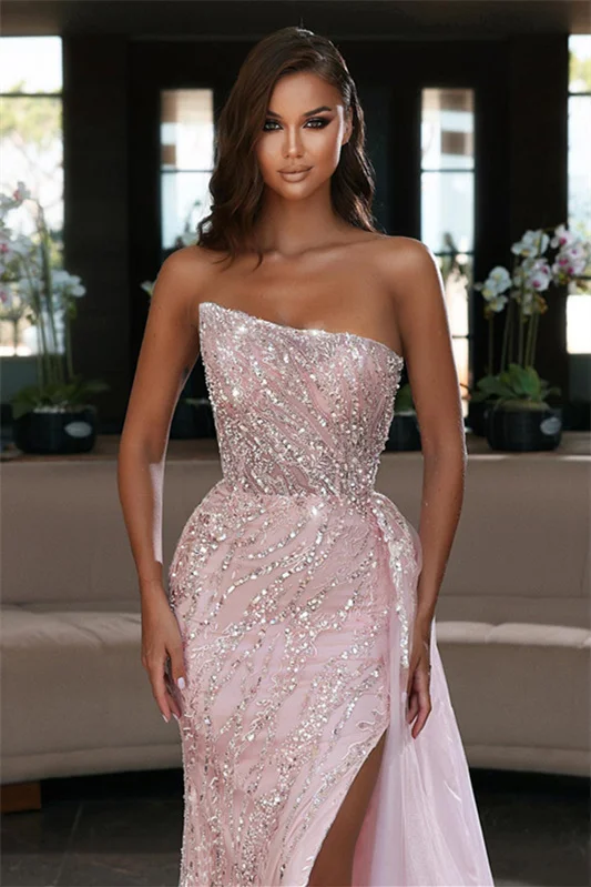 Modern Pink Strapless Mermaid Slit Evening Dress With Ruffles Beadings ED0417