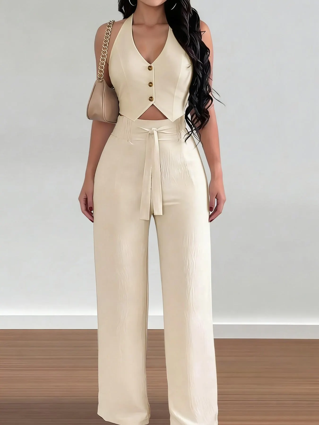 Women's Halter Crop Top & Wide-Leg Pants Set, Womenswear, Comfortable Woven Material & Halter Neck Design & Smocked Back & Tie-Waist Silhouette,2pcs Women's Halter Crop Top & Wide-Leg Pants Set, Womenswear, Comfortable Woven Material & Halter Neck Design & Smocked Back & Tie-Waist Silhouette,2pcs