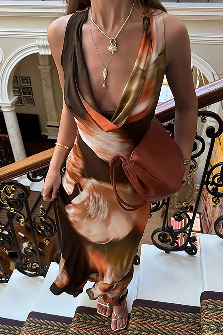 Abstract Print Cowl Neckline Sleeveless Slim Fit Colorblock Maxi Dresses-Brown
