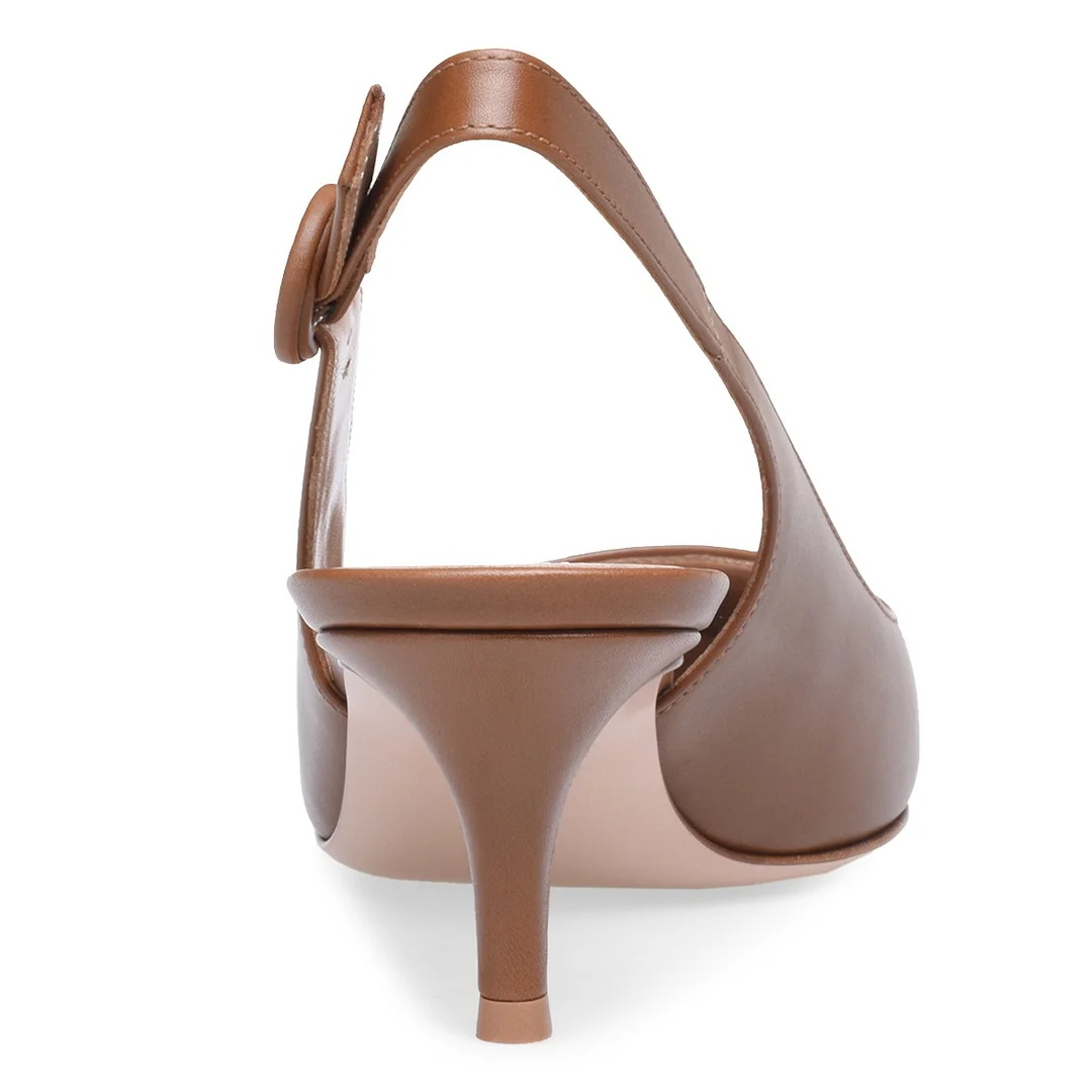 Brown Faux Leather Pointed Toe Buckle Slingback Kitten Heel Pumps