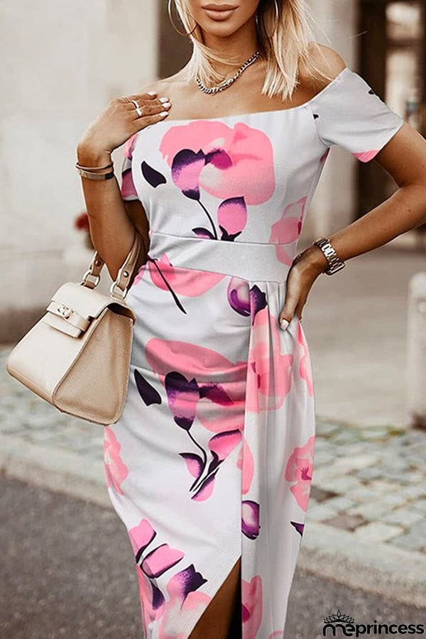 Moxidress Off Shoulder Short Sleeve Bodycon Printed Dress