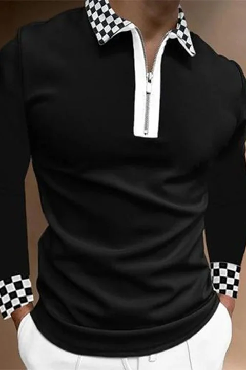 Tiboyz Men's Patchwork Lapel Plaid Long Sleeve Polo Shirt