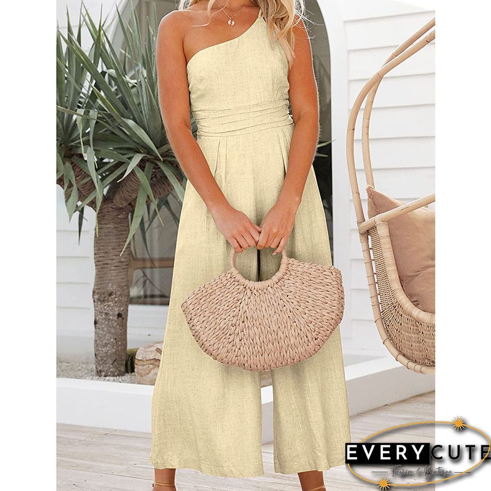 Off White One-shoulder Pocketed Wide Leg Jumpsuit