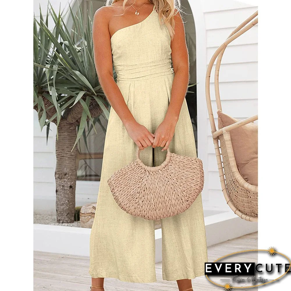 Off White One-shoulder Pocketed Wide Leg Jumpsuit