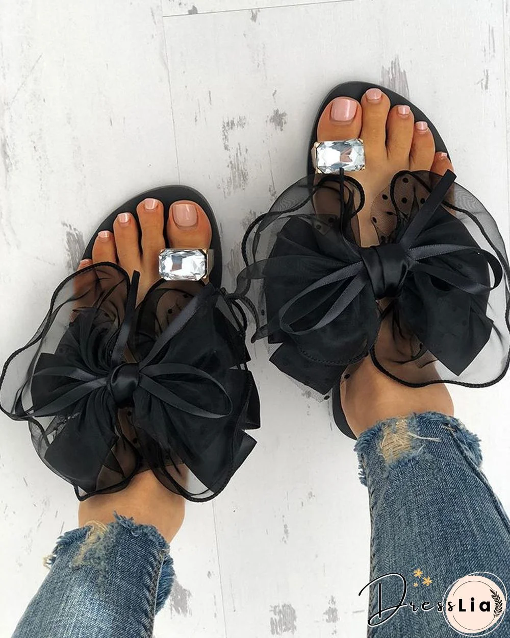 Mesh Bowknot Decor Rhinestone Toe Ring Slippers