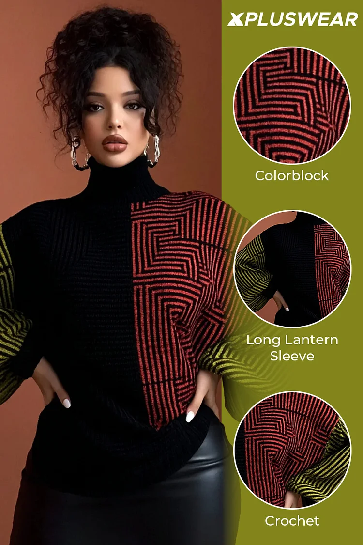 Xpluswear Design Plus Size Business Casual Multicolor Colorblock Round Neck Lantern Sleeve Long Sleeve Casual Crochet Sweaters