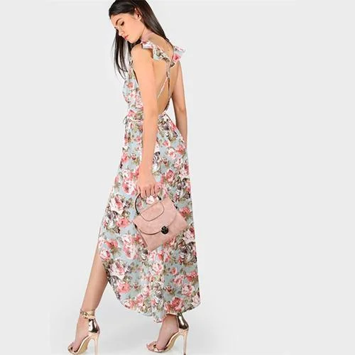 V-Neck Crisscross Backless Floral Rose Print Wrap Belted Boho Beach Maxi Dress