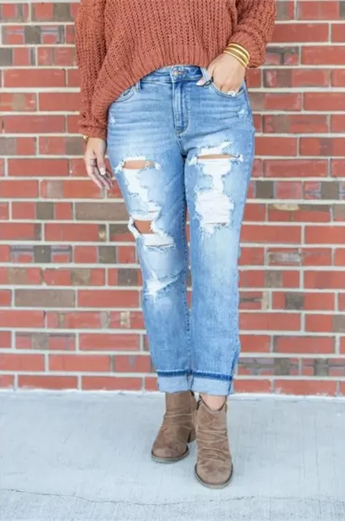 Women's 2025 Light Blue Ripped Denim Pants Low Rised