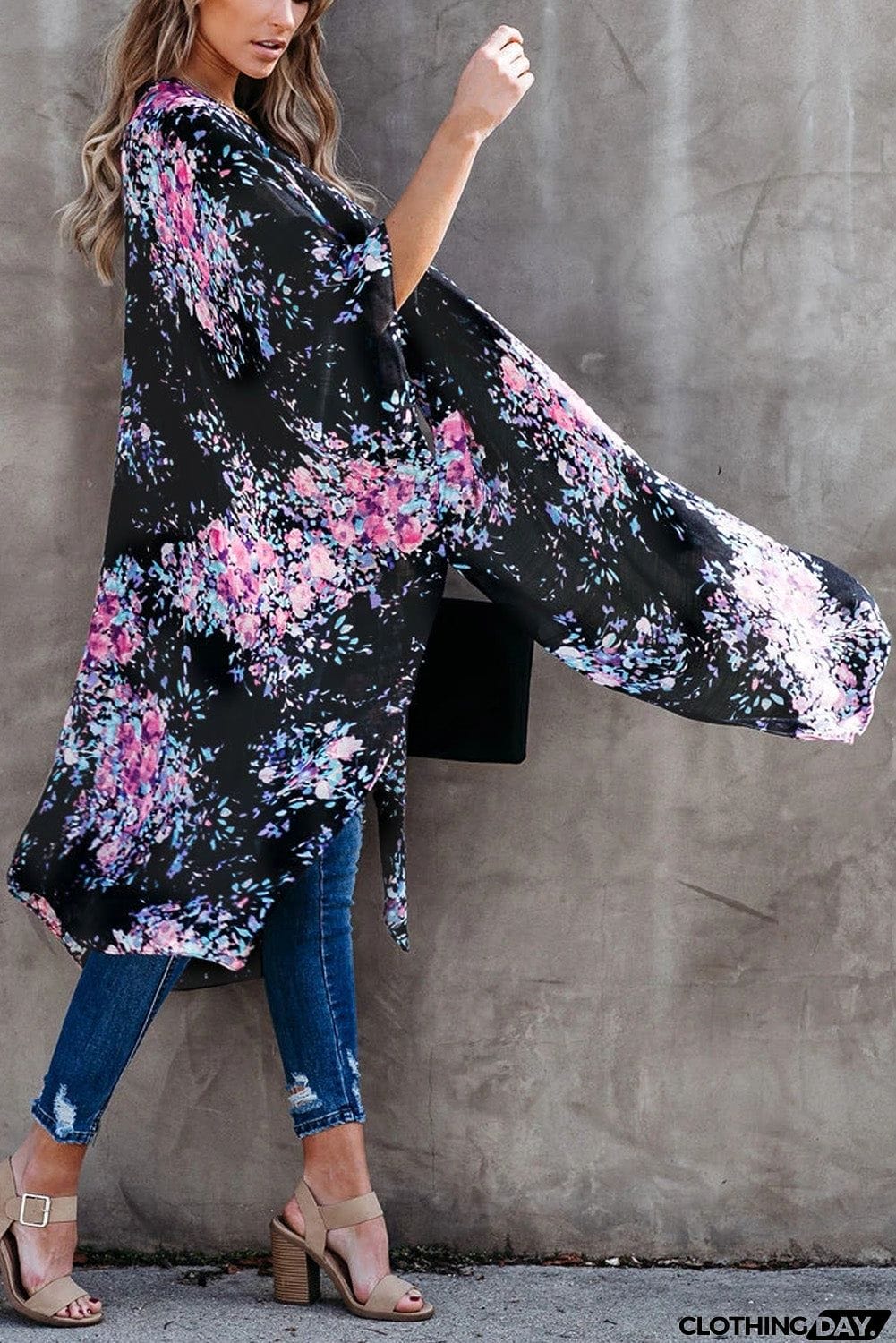 Floral Kimono Sleeves Chiffon Loose Beach Cover Up