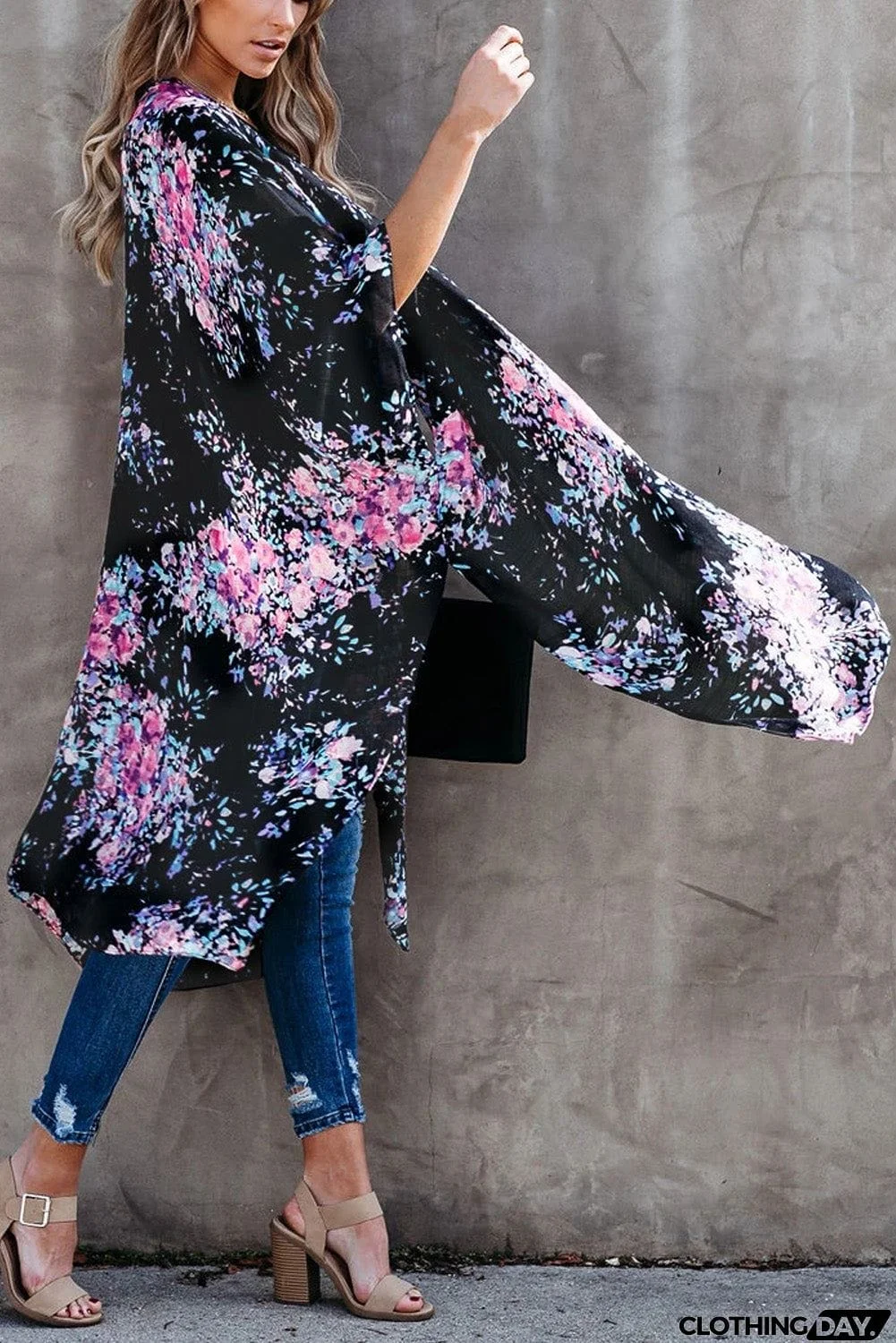 Floral Kimono Sleeves Chiffon Loose Beach Cover Up