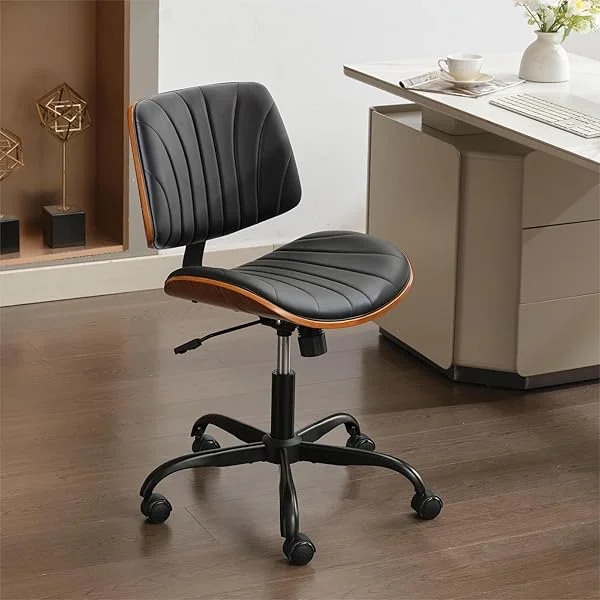 Armless Office Desk Chair, Comfy Mid Back 360 Swivel Home Office Chair No Arms, Modern Adjustable Height PU Leather Walnut Chair with Wheels, Small Computer Task Chair, Black Black Curve