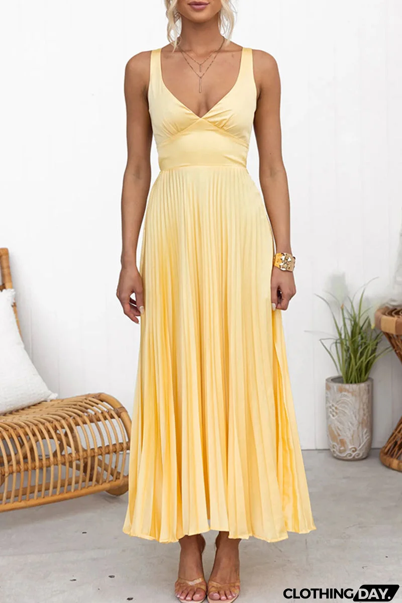 Sexy Solid Color Pleated V Neck Sleeveless Dresses