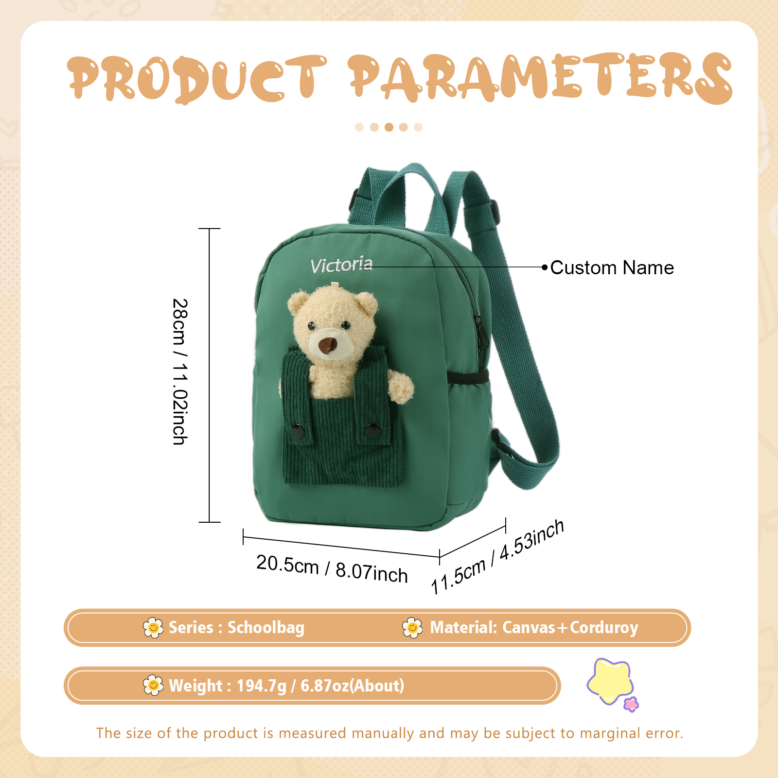 Personalised Bear School Bag Custom Name Canvas Backpack Back To School Gift for Kids-Jessemade AU