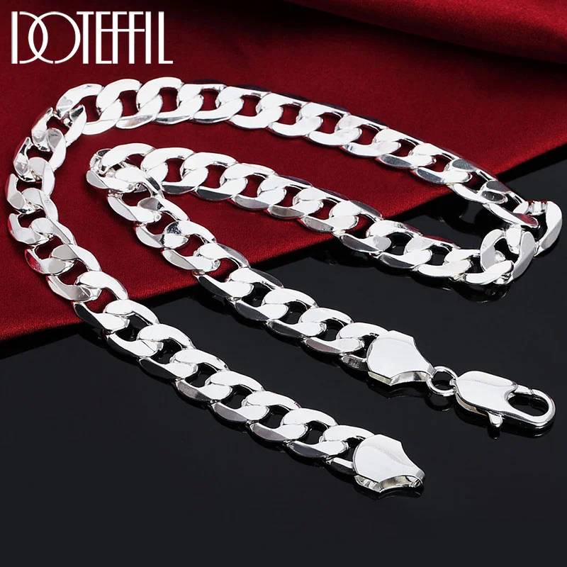 DOTEFFIL 925 Sterling Silver 18/20/22/24/26/28/30 Inch 12mm Flat Sideways Necklace For Women Man Jewelry