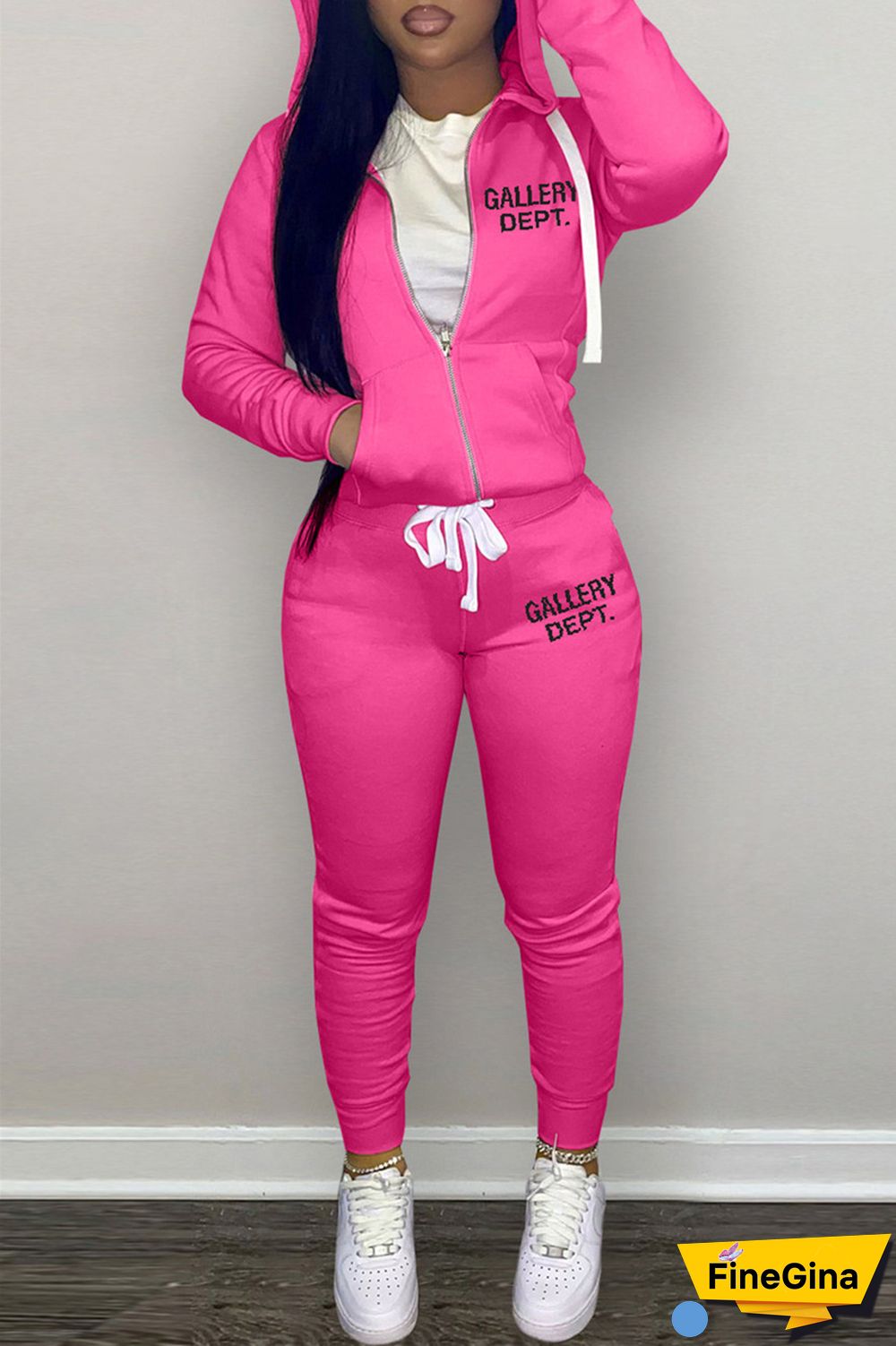 Grey Casual Letter Print Patchwork Hooded Collar Long Sleeve Two Pieces