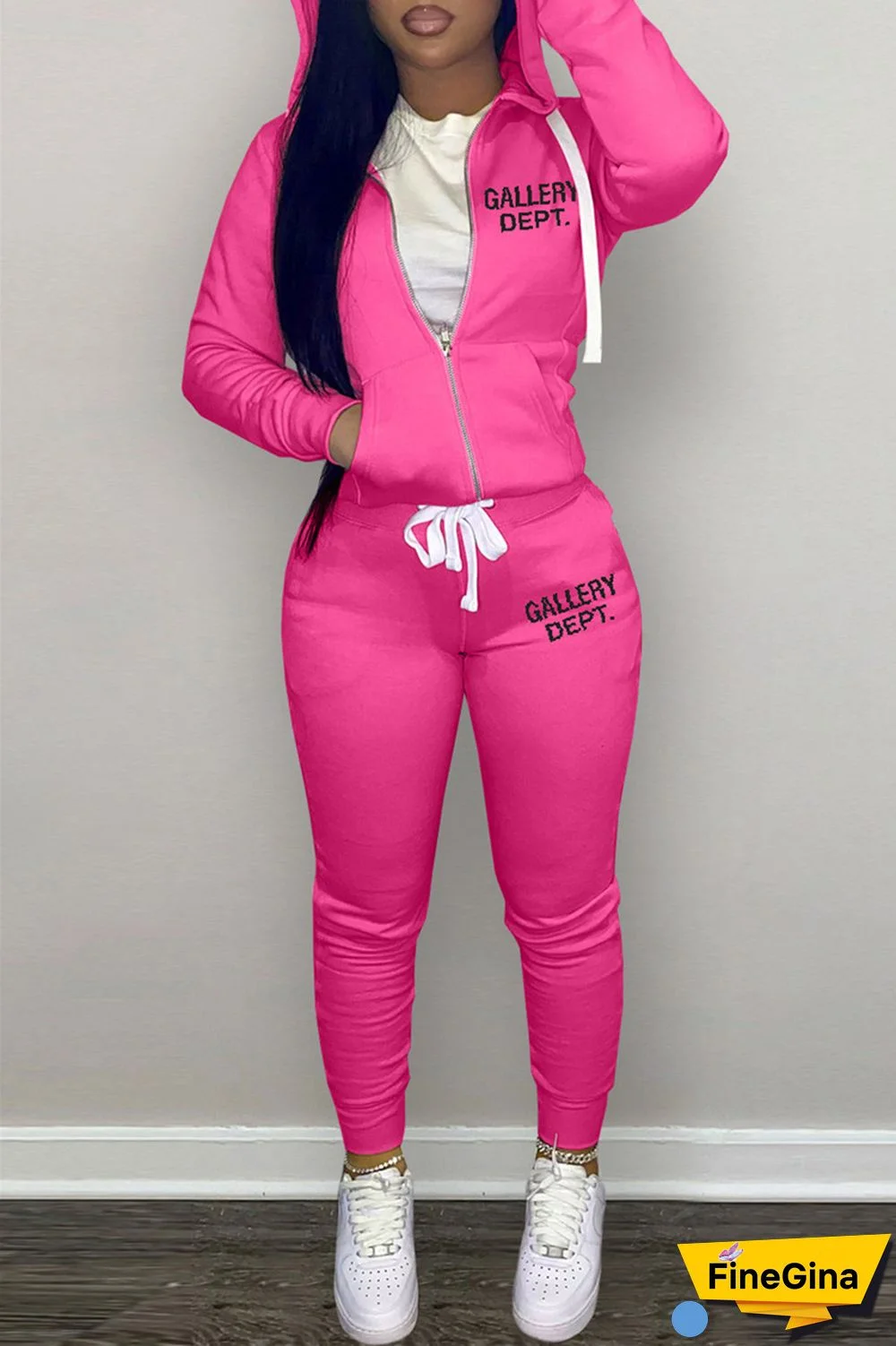 Grey Casual Letter Print Patchwork Hooded Collar Long Sleeve Two Pieces