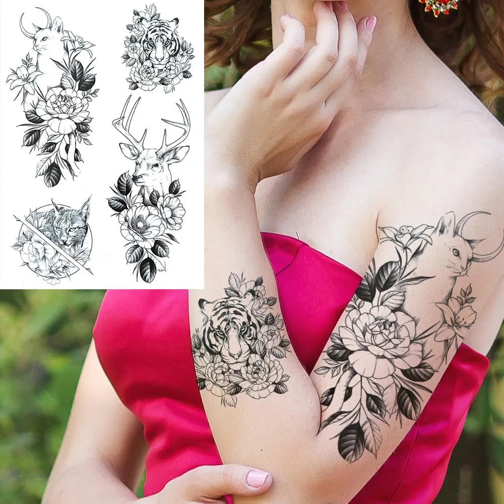 3D Flower Triangle Temporary Tattoos For Women Girl Fake Wolf Deer Geometry Tattoo Sticker Peony Dahlia Body Art Adults Tatoos