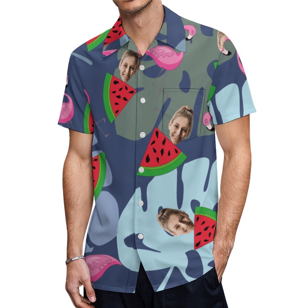 Custom Photo Family Pet Face Hawaiian Shirt for Men Personalized Short Sleeve Button Down Tropical Watermelon Leaf Beach Shirts
