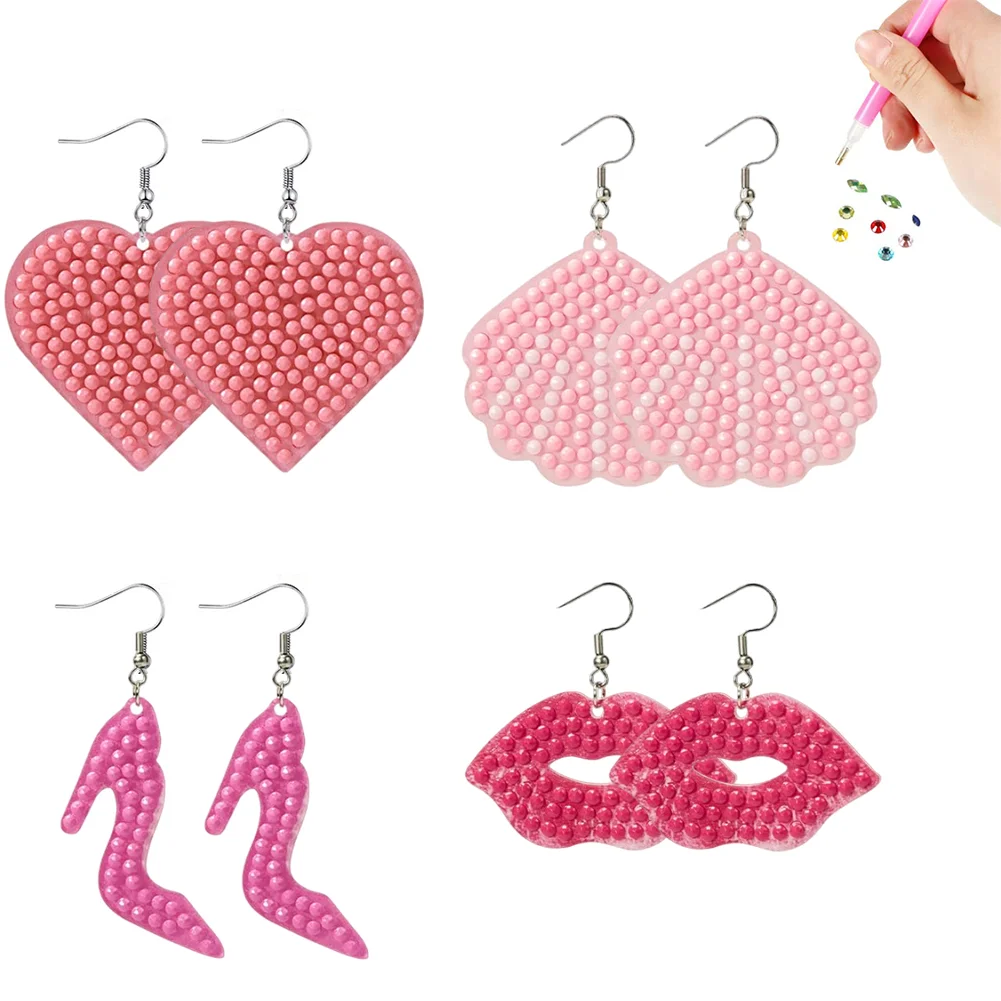 4Pairs DIY Pink Earrings Double Sided Holiday Diamond Art Earrings for Women