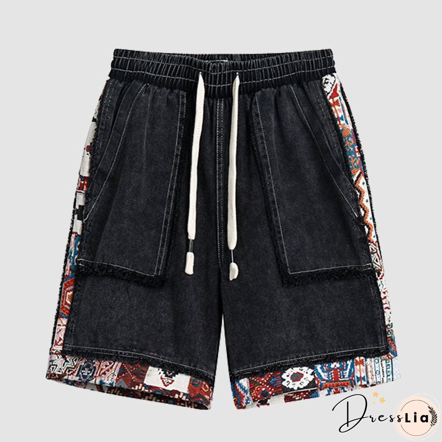 Ethnic Style Denim Patchwork Drawstring Shorts