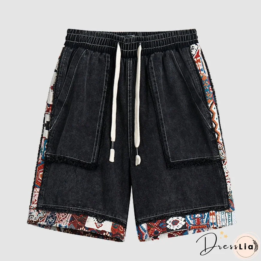 Ethnic Style Denim Patchwork Drawstring Shorts