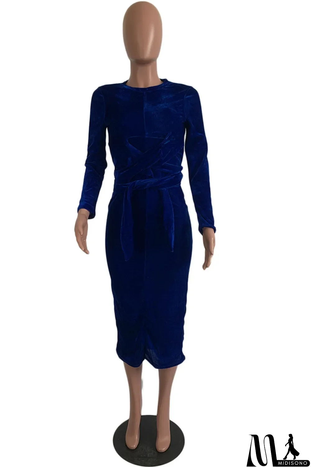 MidiSono - Deep Blue Fashion Casual Bandage O Neck Long Sleeve Dresses