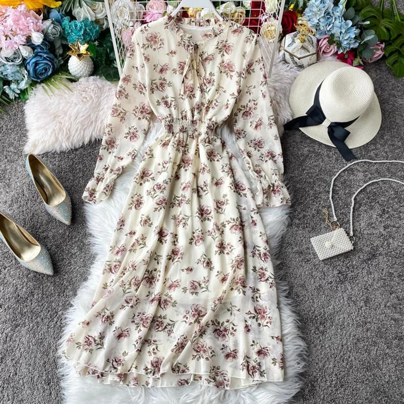 Floral Print Mid-Calf Dress Women Long Sleeve O neck Bow Ruffle Chiffon Dresses Female Casual Vintage Print Dress vestidos mujer