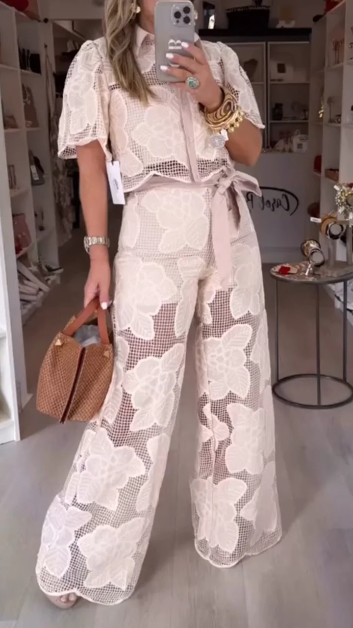 Women's Lapel Top + Trousers Hollow Casual Suit